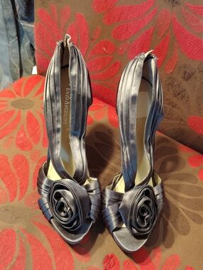 Enzo Angiolini Gunmetal Satin Peep-Toe Slingback Heels with Rosette